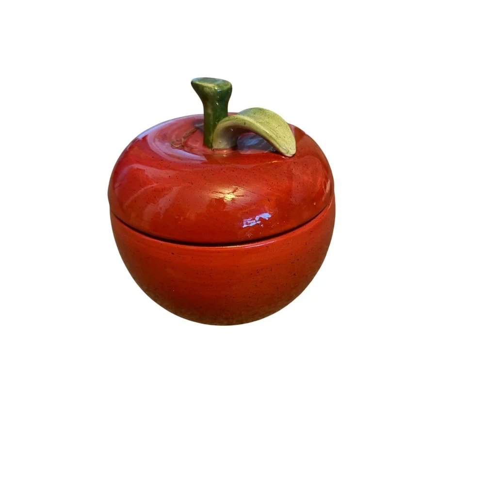 Ceramic Red Apple Jar with Lid Decorative Candle Pot Farmhouse Kitchen Decor